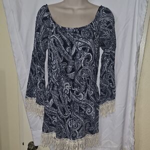 See You Monday Navy and White Paisley Romper with Fringe